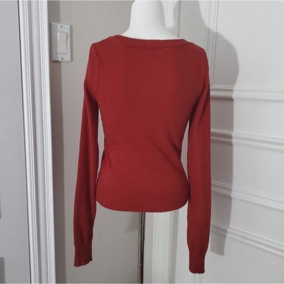 Super Chic Vintage 90s Knit Red Cardigan With Pockets/Flower Broach - Picture 3 of 15
